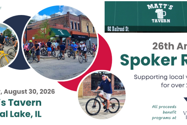 Flyer for the 26th Annual Spoker Run at Matt’s Tavern, Crystal Lake, IL on August 30, 2026. Includes cycling images, event details, and Veterans Path to Hope logo.