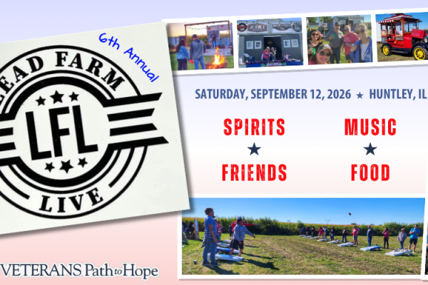 A promotional flyer for the 6th Annual Lead Farm Live event features event details, photos of people enjoying activities, and text highlighting spirits, music, friends, and food; it benefits Veterans Path to Hope.