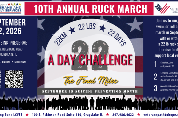 Event flyer for the 10th Annual Ruck March on September 12, 2026, promoting a 22 km march carrying 22 lbs in 22 days for suicide prevention, hosted by Lake County Veterans and Family Services.