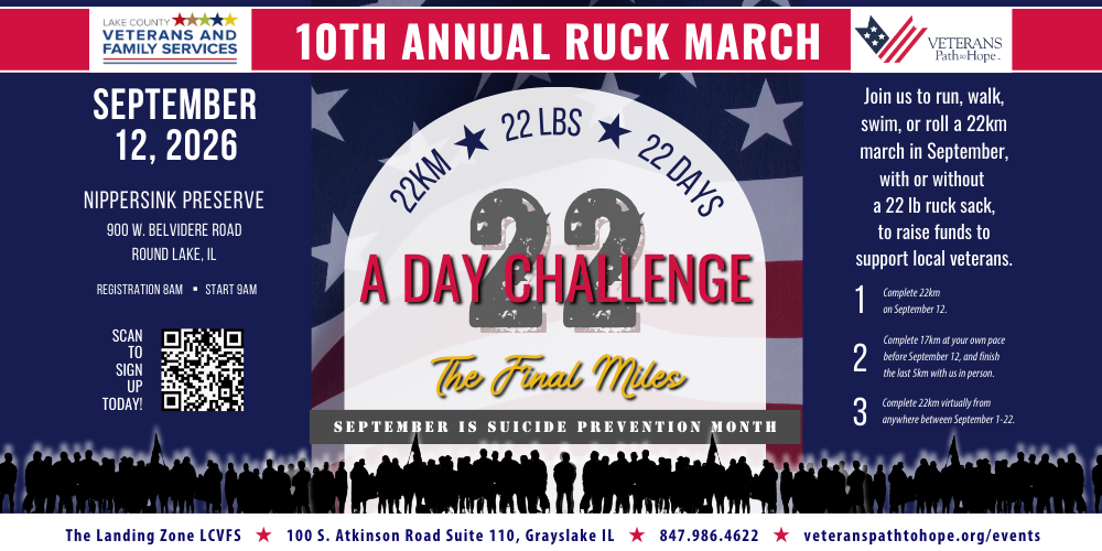 Event flyer for the 10th Annual Ruck March on September 12, 2026, promoting a 22 km march carrying 22 lbs in 22 days for suicide prevention, hosted by Lake County Veterans and Family Services.