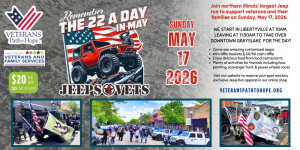 Event flyer featuring Jeeps, American flags, and crowds. Text promotes Remember the 22 a Day in May Jeep event on May 17, 2026, in Libertyville and Grayslake, IL, supporting veterans and families. Registration info included. Event flyer featuring Jeeps, American flags, and crowds. Text promotes Remember the 22 a Day in May Jeep event on May 17, 2026, in Libertyville and Grayslake, IL, supporting veterans and families. Registration info included.