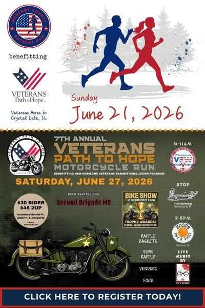 Flyer for the 7th Annual Veterans Path to Hope Motorcycle Run on June 27, 2026, featuring event details, sponsors, a motorcycle illustration, raffle info, and activities to benefit veterans.