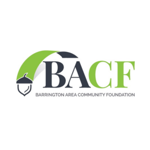 Logo for the Barrington Area Community Foundation (BACF) featuring stylized letters BACF in black and green, an acorn graphic, and the full foundation name below the acronym.