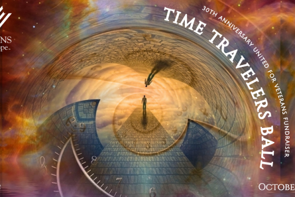 Surreal clock-themed art with a lone figure standing on a road. Text: Veterans Path to Hope, Time Travelers Ball, 30th Anniversary United for Veterans Fundraiser, October 2, 2026, Elara.
