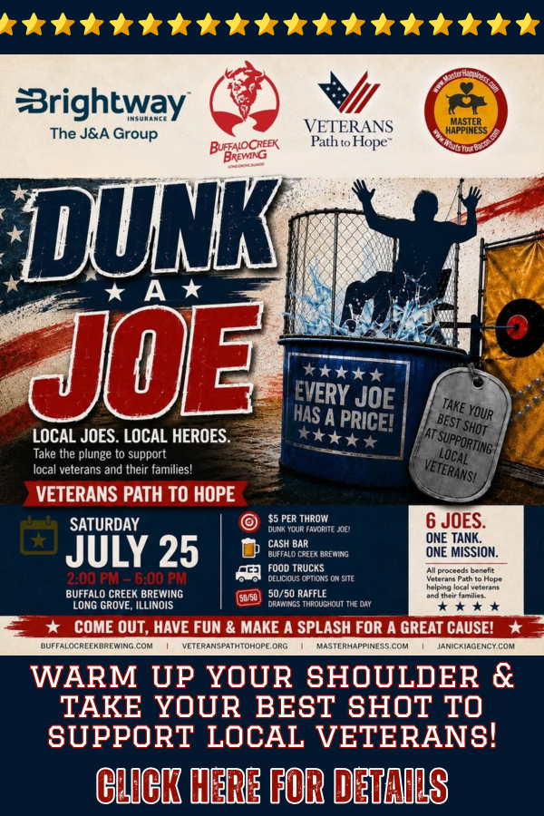 Flyer promoting “Dunk a Joe,” a dunk tank fundraiser for veterans. Includes event details, sponsor logos, and a photo of a person dropping into a dunk tank. Patriotic red, white, and blue colors throughout.