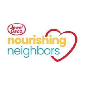 Jewel-Osco Nourishing Neighbors logo with text and a heart outline; nourishing in yellow, neighbors in blue, and Jewel-Osco in a red oval above the heart.