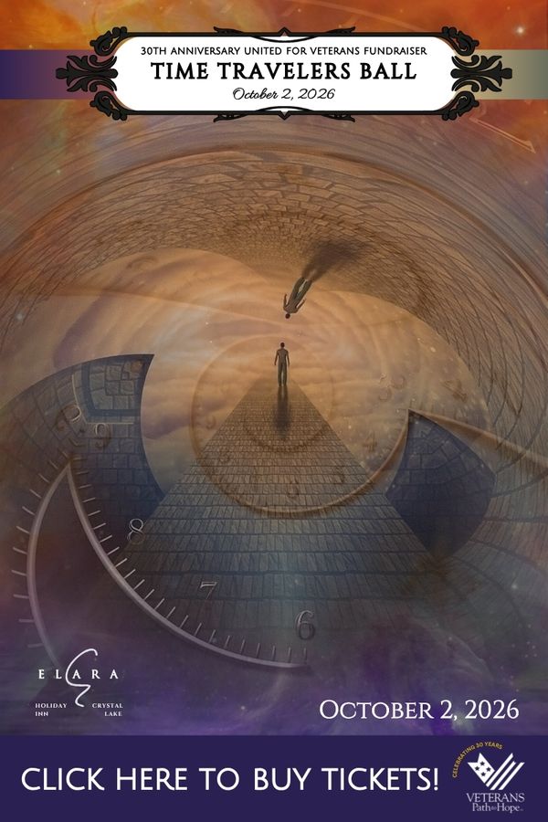 A surreal poster for the Time Travelers Ball shows a figure walking through a swirling tunnel over a clock face. The event is on October 2, 2026, and is a fundraiser for veterans. Text prompts to buy tickets.