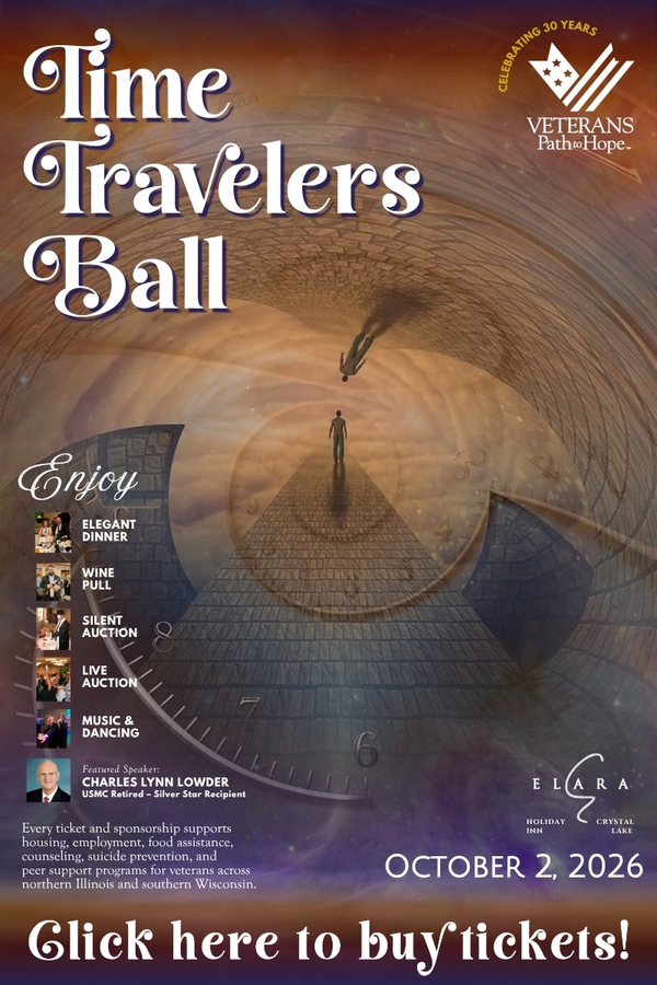 A person walks on a surreal clock face toward a portal. Time Travelers Ball text, event details, and sponsor logos are visible. Activities listed: dinner, wine pull, auction, and dancing. Date: October 2, 2026.