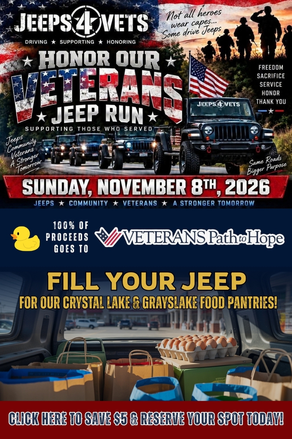 Event poster for the Jeeps 4 Vets Jeep Run on Sunday, November 8, 2026, featuring a food drive for Crystal Lake and Grayslake food pantries and proceeds benefiting Veterans Path to Hope.